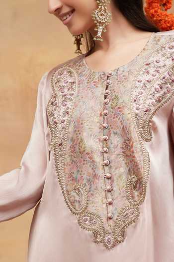 DAREISS Beige Silk, Chiffon Round Neck, Yes Rewa Embroidered Kurta And Dhoti Pant Set at Aza Fashions DAREISS_Beige Silk, Chiffon Round Neck, Yes Rewa Embroidered Kurta And Dhoti Pant Set _at_Aza_Fashions