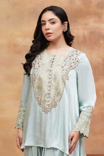 Buy DAREISS Green Silk, Satin Round Neck, Yes Rewa Embroidered Kurta And Dhoti Pant Set Online at Aza Fashions Buy_DAREISS_Green Silk, Satin Round Neck, Yes Rewa Embroidered Kurta And Dhoti Pant Set _Online_at_Aza_Fashions