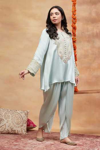 Shop DAREISS Green Silk, Satin Round Neck, Yes Rewa Embroidered Kurta And Dhoti Pant Set Online at Aza Fashions Shop_DAREISS_Green Silk, Satin Round Neck, Yes Rewa Embroidered Kurta And Dhoti Pant Set _Online_at_Aza_Fashions