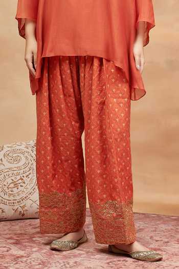 DAREISS Orange Silk, Chanderi Split V-neck Kedar Paisley Embroidered Kurta And Salwar Set Online at Aza Fashions DAREISS_Orange Silk, Chanderi Split V-neck Kedar Paisley Embroidered Kurta And Salwar Set _Online_at_Aza_Fashions