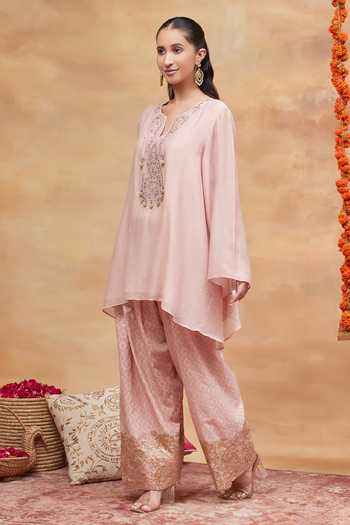 Dareiss Pink Silk, Chanderi Split V-neck Kedar Neckline Embroidered Kurta And Salwar Set Online at Aza Fashions Dareiss_Pink Silk, Chanderi Split V-neck Kedar Neckline Embroidered Kurta And Salwar Set _Online_at_Aza_Fashions
