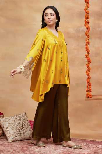 DAREISS Yellow Silk, Chiffon, Banarasi Shivala Paisley Embroidered Kurta And Pant Set Online at Aza Fashions DAREISS_Yellow Silk, Chiffon, Banarasi Shivala Paisley Embroidered Kurta And Pant Set _Online_at_Aza_Fashions
