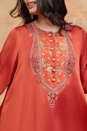 Buy DAREISS Orange Silk, Satin Round Neck, Yes Meer Embroidered Kurta And Salwar Set Online at Aza Fashions Buy_DAREISS_Orange Silk, Satin Round Neck, Yes Meer Embroidered Kurta And Salwar Set _Online_at_Aza_Fashions