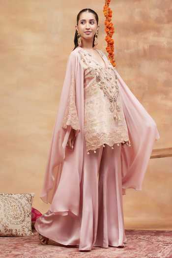 Buy DAREISS Pink Silk, Georgette, Satin V-neck Kashi Embroidered Kurta And Sharara Set Online at Aza Fashions Buy_DAREISS_Pink Silk, Georgette, Satin V-neck Kashi Embroidered Kurta And Sharara Set _Online_at_Aza_Fashions