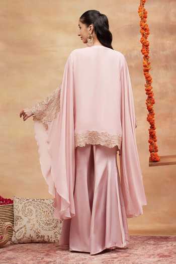 Shop DAREISS Pink Silk, Georgette, Satin V-neck Kashi Embroidered Kurta And Sharara Set at Aza Fashions Shop_DAREISS_Pink Silk, Georgette, Satin V-neck Kashi Embroidered Kurta And Sharara Set _at_Aza_Fashions