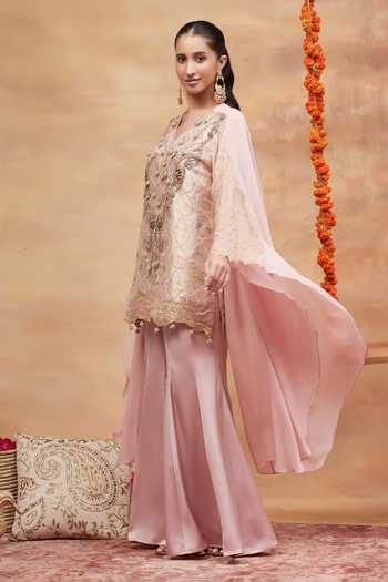 Shop DAREISS Pink Silk, Georgette, Satin V-neck Kashi Embroidered Kurta And Sharara Set Online at Aza Fashions Shop_DAREISS_Pink Silk, Georgette, Satin V-neck Kashi Embroidered Kurta And Sharara Set _Online_at_Aza_Fashions