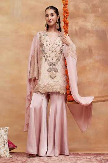 DAREISS Pink Silk, Georgette, Satin V-neck Kashi Embroidered Kurta And Sharara Set at Aza Fashions DAREISS_Pink Silk, Georgette, Satin V-neck Kashi Embroidered Kurta And Sharara Set _at_Aza_Fashions