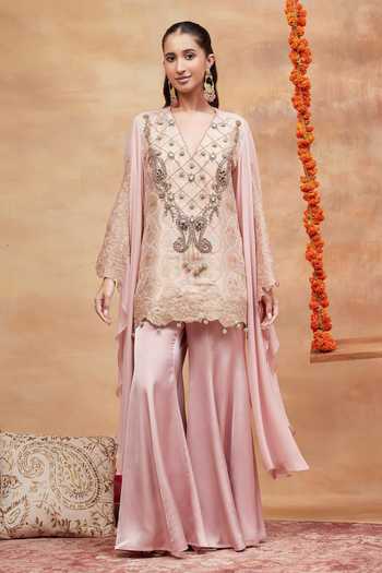 Buy DAREISS Pink Silk, Georgette, Satin V-neck Kashi Embroidered Kurta And Sharara Set at Aza Fashions Buy_DAREISS_Pink Silk, Georgette, Satin V-neck Kashi Embroidered Kurta And Sharara Set _at_Aza_Fashions