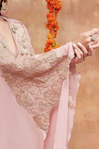 Buy DAREISS Pink Silk, Georgette, Satin V-neck Kashi Embroidered Kurta And Sharara Set Buy_DAREISS_Pink Silk, Georgette, Satin V-neck Kashi Embroidered Kurta And Sharara Set