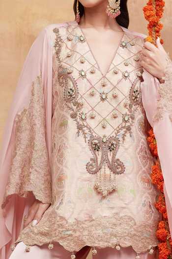 Shop DAREISS Pink Silk, Georgette, Satin V-neck Kashi Embroidered Kurta And Sharara Set Shop_DAREISS_Pink Silk, Georgette, Satin V-neck Kashi Embroidered Kurta And Sharara Set