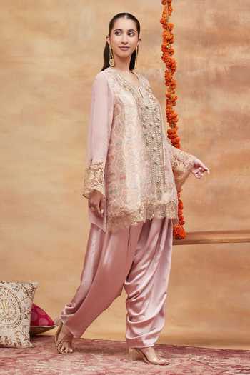 Buy DAREISS Pink Silk, Georgette, Satin Split Hand Embroidered Kurta And Dhoti Pant Set Online at Aza Fashions Buy_DAREISS_Pink Silk, Georgette, Satin Split Hand Embroidered Kurta And Dhoti Pant Set _Online_at_Aza_Fashions