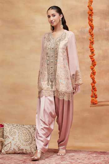 Shop DAREISS Pink Silk, Georgette, Satin Split Hand Embroidered Kurta And Dhoti Pant Set Online at Aza Fashions Shop_DAREISS_Pink Silk, Georgette, Satin Split Hand Embroidered Kurta And Dhoti Pant Set _Online_at_Aza_Fashions