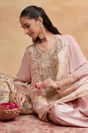 DAREISS Pink Silk, Georgette, Satin Split Hand Embroidered Kurta And Dhoti Pant Set at Aza Fashions DAREISS_Pink Silk, Georgette, Satin Split Hand Embroidered Kurta And Dhoti Pant Set _at_Aza_Fashions