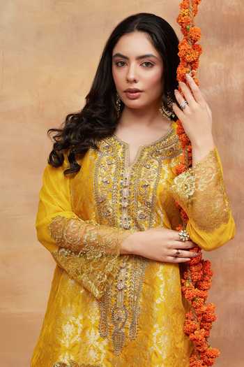 DAREISS_Yellow Silk, Georgette, Satin Ahilya Kanak Embroidered Kurta And Dhoti Pant Set _Online_at_Aza_Fashions