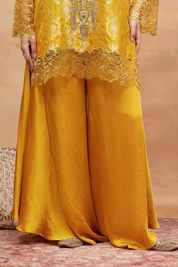 Shop_DAREISS_Yellow Silk, Georgette, Satin Ahilya Kanak Embroidered Kurta And Dhoti Pant Set _Online_at_Aza_Fashions