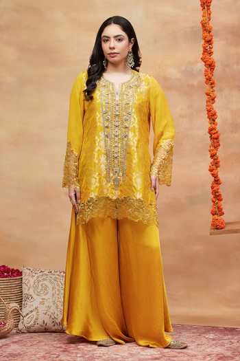 DAREISS_Yellow Silk, Georgette, Satin Ahilya Kanak Embroidered Kurta And Dhoti Pant Set _at_Aza_Fashions
