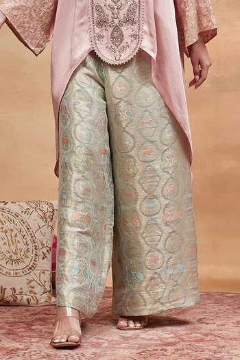 Buy DAREISS Pink Silk, Satin Split V-neck Munshi Embroidered Kurta And Flared Pant Set Online at Aza Fashions Buy_DAREISS_Pink Silk, Satin Split V-neck Munshi Embroidered Kurta And Flared Pant Set _Online_at_Aza_Fashions