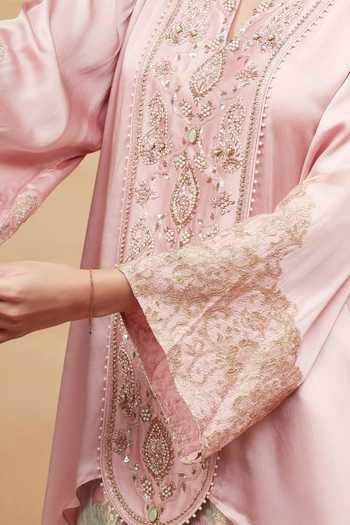 Shop DAREISS Pink Silk, Satin Split V-neck Munshi Embroidered Kurta And Flared Pant Set Online at Aza Fashions Shop_DAREISS_Pink Silk, Satin Split V-neck Munshi Embroidered Kurta And Flared Pant Set _Online_at_Aza_Fashions