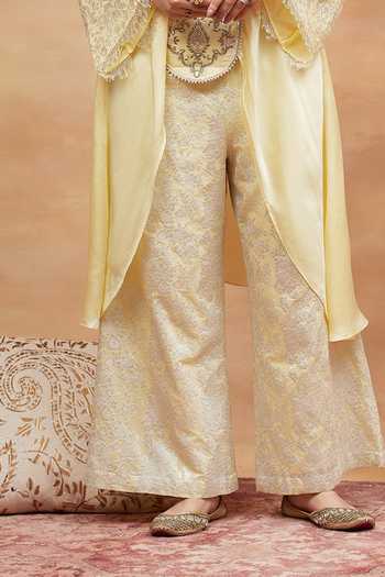 Shop_Dareiss_Yellow Silk, Satin Split V-neck Munshi Embroidered Kurta And Pant Set _Online_at_Aza_Fashions