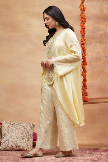 Dareiss_Yellow Silk, Satin Split V-neck Munshi Embroidered Kurta And Pant Set _at_Aza_Fashions