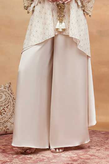 DAREISS_Off White Silk, Satin V-neck Mansarovar Embroidered Kurta And Flared Pant Set _Online_at_Aza_Fashions