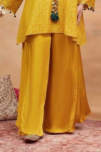 DAREISS Yellow Silk, Satin V-neck Mansarovar Genda Woven Kurta And Pant Set Online at Aza Fashions DAREISS_Yellow Silk, Satin V-neck Mansarovar Genda Woven Kurta And Pant Set _Online_at_Aza_Fashions