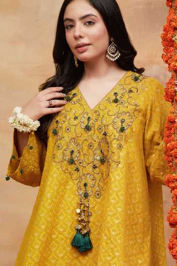 DAREISS Yellow Silk, Satin V-neck Mansarovar Genda Woven Kurta And Pant Set at Aza Fashions DAREISS_Yellow Silk, Satin V-neck Mansarovar Genda Woven Kurta And Pant Set _at_Aza_Fashions