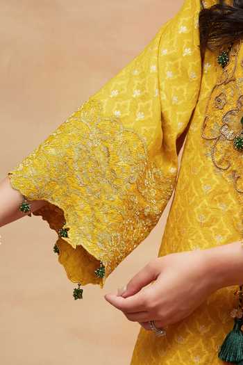 Buy DAREISS Yellow Silk, Satin V-neck Mansarovar Genda Woven Kurta And Pant Set Buy_DAREISS_Yellow Silk, Satin V-neck Mansarovar Genda Woven Kurta And Pant Set