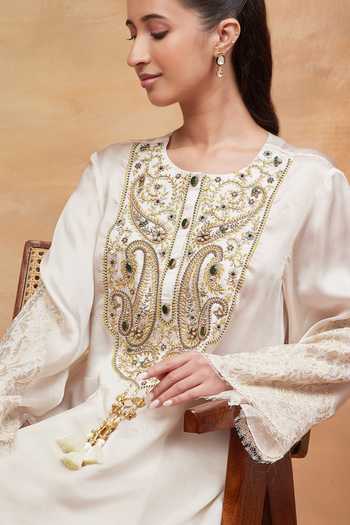 Shop DAREISS Ivory Silk, Satin Round Neck Panchganga Yoke Embroidered Kurta And Skirt Set Shop_DAREISS_Ivory Silk, Satin Round Neck Panchganga Yoke Embroidered Kurta And Skirt Set