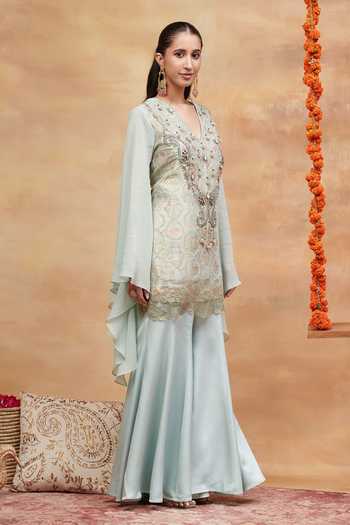 Buy DAREISS Mint Silk, Georgette, Satin V-neck Kashi Neel Banarasi Kurta And Sharara Set Online at Aza Fashions Buy_DAREISS_Mint Silk, Georgette, Satin V-neck Kashi Neel Banarasi Kurta And Sharara Set _Online_at_Aza_Fashions