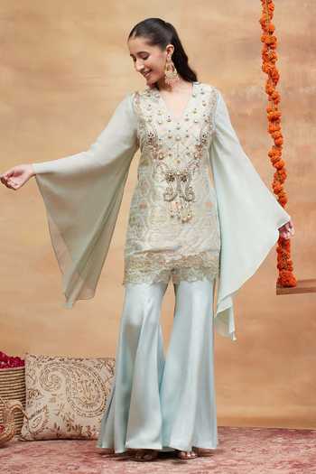 Shop DAREISS Mint Silk, Georgette, Satin V-neck Kashi Neel Banarasi Kurta And Sharara Set Online at Aza Fashions Shop_DAREISS_Mint Silk, Georgette, Satin V-neck Kashi Neel Banarasi Kurta And Sharara Set _Online_at_Aza_Fashions
