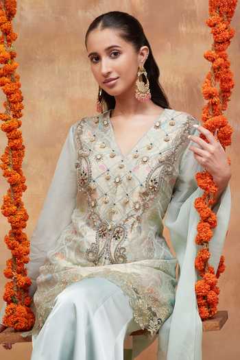 DAREISS Mint Silk, Georgette, Satin V-neck Kashi Neel Banarasi Kurta And Sharara Set at Aza Fashions DAREISS_Mint Silk, Georgette, Satin V-neck Kashi Neel Banarasi Kurta And Sharara Set _at_Aza_Fashions