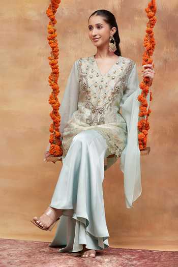 Buy DAREISS Mint Silk, Georgette, Satin V-neck Kashi Neel Banarasi Kurta And Sharara Set Buy_DAREISS_Mint Silk, Georgette, Satin V-neck Kashi Neel Banarasi Kurta And Sharara Set