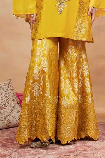 Shop DAREISS Yellow Silk, Georgette V-neck Namo Kanak Embroidered Kurta And Sharara Set Online at Aza Fashions Shop_DAREISS_Yellow Silk, Georgette V-neck Namo Kanak Embroidered Kurta And Sharara Set _Online_at_Aza_Fashions