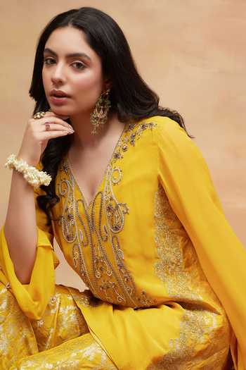 DAREISS Yellow Silk, Georgette V-neck Namo Kanak Embroidered Kurta And Sharara Set at Aza Fashions DAREISS_Yellow Silk, Georgette V-neck Namo Kanak Embroidered Kurta And Sharara Set _at_Aza_Fashions