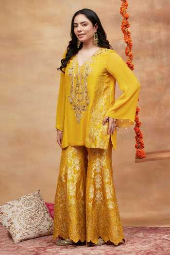 Buy DAREISS Yellow Silk, Georgette V-neck Namo Kanak Embroidered Kurta And Sharara Set Buy_DAREISS_Yellow Silk, Georgette V-neck Namo Kanak Embroidered Kurta And Sharara Set
