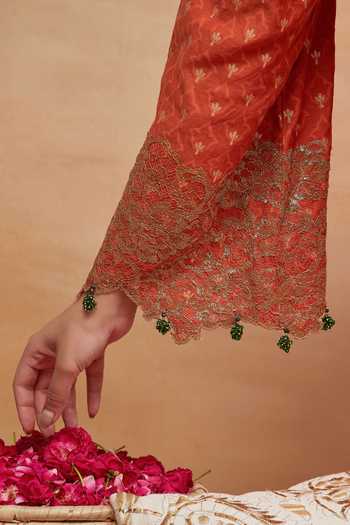 DAREISS Orange Chanderi Silk V-neck Manikarnika Embroidered Kurta And Salwar Set at Aza Fashions DAREISS_Orange Chanderi Silk V-neck Manikarnika Embroidered Kurta And Salwar Set _at_Aza_Fashions