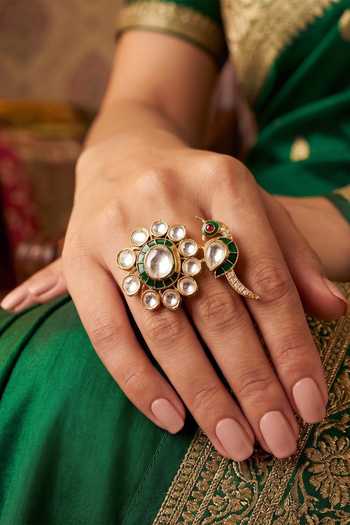 Prestones_Green Kundan Polki Embellished Ring _Online_at_Aza_Fashions