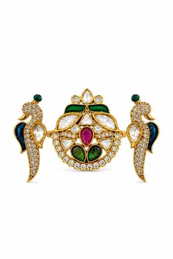 Prestones_Multi Color Kundan Polki Dual Finger Ring _Online_at_Aza_Fashions