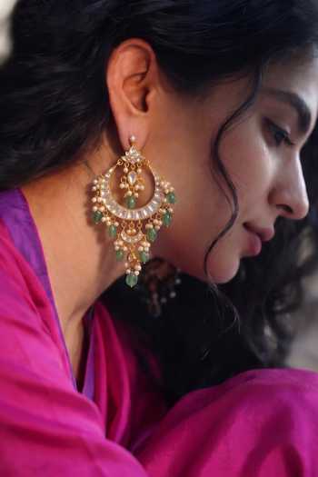 Prestones Kundan Polki Embellished Chandbali Earrings 