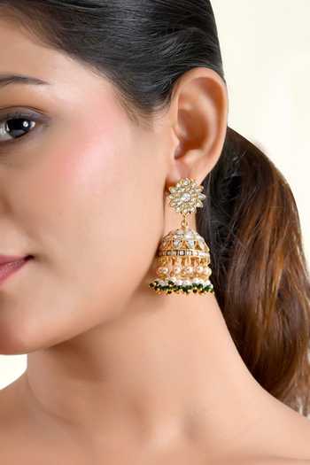 Prestones_Green Kundan Polki Jhumka Earrings _Online_at_Aza_Fashions