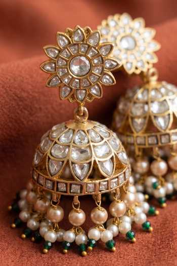 Buy_Prestones_Green Kundan Polki Jhumka Earrings _Online_at_Aza_Fashions