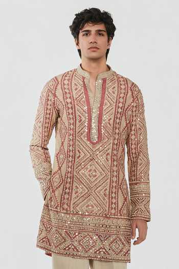 Abhinav Mishra_Multi Color Chanderi, Cotton, Twill Shrine Mirror Embroidered Kurta Set _at_Aza_Fashions