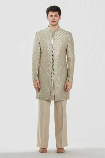 Shop Abhinav Mishra Gold Tissue, Chanderi, Cotton Shrine Regal Embroidered Sherwani Set Online at Aza Fashions Shop_Abhinav Mishra_Gold Tissue, Chanderi, Cotton Shrine Regal Embroidered Sherwani Set _Online_at_Aza_Fashions
