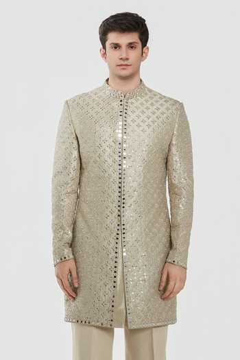 Abhinav Mishra Gold Tissue, Chanderi, Cotton Shrine Regal Embroidered Sherwani Set at Aza Fashions Abhinav Mishra_Gold Tissue, Chanderi, Cotton Shrine Regal Embroidered Sherwani Set _at_Aza_Fashions