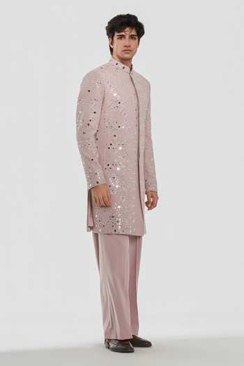 Buy_Abhinav Mishra_Purple Chanderi Shrine Cardinal Embroidered Sherwani Set _Online_at_Aza_Fashions