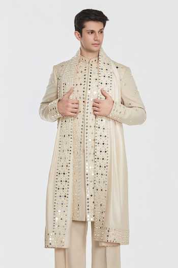 Abhinav Mishra_Ivory Chanderi Shrine Manor Embroidered Sherwani Set _at_Aza_Fashions