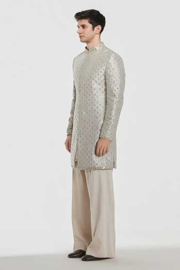 Abhinav Mishra Silver Tissue, Chanderi, Cotton, Twill Shrine Opal Embroidered Sherwani Set Online at Aza Fashions Abhinav Mishra_Silver Tissue, Chanderi, Cotton, Twill Shrine Opal Embroidered Sherwani Set _Online_at_Aza_Fashions