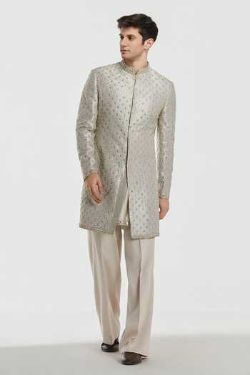 Shop Abhinav Mishra Silver Tissue, Chanderi, Cotton, Twill Shrine Opal Embroidered Sherwani Set Online at Aza Fashions Shop_Abhinav Mishra_Silver Tissue, Chanderi, Cotton, Twill Shrine Opal Embroidered Sherwani Set _Online_at_Aza_Fashions