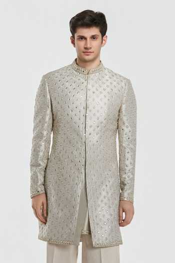 Abhinav Mishra Silver Tissue, Chanderi, Cotton, Twill Shrine Opal Embroidered Sherwani Set at Aza Fashions Abhinav Mishra_Silver Tissue, Chanderi, Cotton, Twill Shrine Opal Embroidered Sherwani Set _at_Aza_Fashions